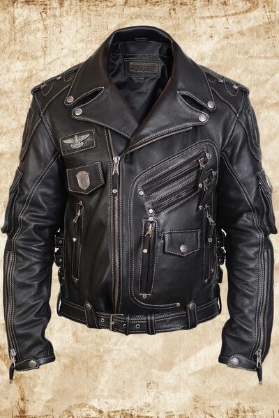 Men's Genuine Cowhide Premium Leather Motorcycle Biker Leather Jacket Black