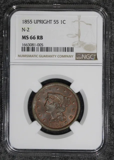 1855 Upright 5 (MS66 RB) N-2 Braided Hair Large Cent 1c NGC Graded Coin