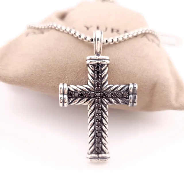 David Yurman Sterling Silver Black Diamond Chevron Cross with 20 inch Chain