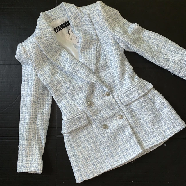 NWT ZARA TWEED Veste Blazer L Bleu Ciel Blanc Argent Gris Boutons