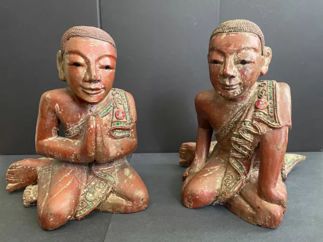 antique pair Burmese SE Asian lacquer carved wood praying buddhist monk statues