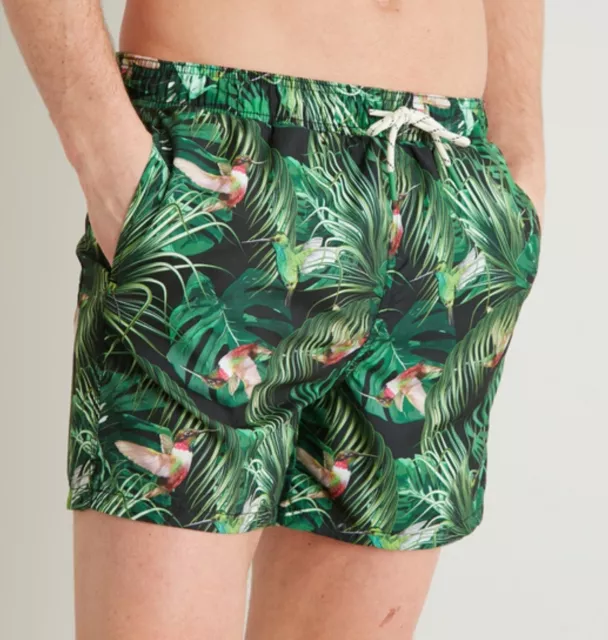 Men's Green Bird & Palm Print Shortie Recycled Swim Shorts Size XL