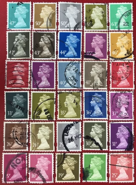 GB QE II 30 Machin Definitive Stamps Elliptical Selection 15p -63p