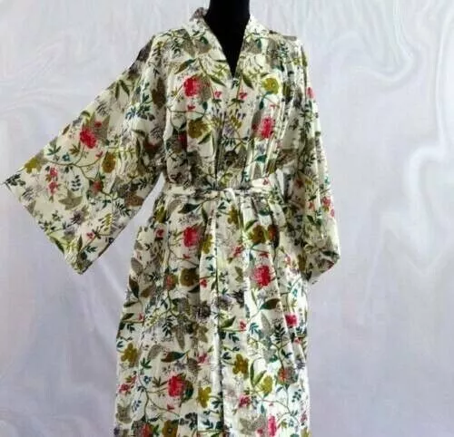 Indian Floral Printed Women's Kimono Cotton Nightwear Robe Gown Maxi Dress