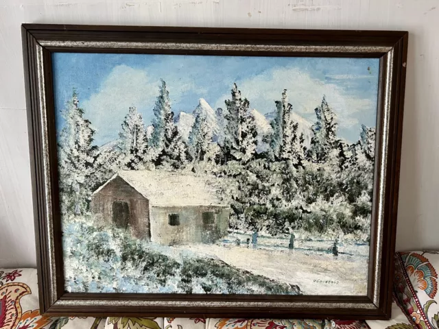 Vintage Oil Painting On Board Scenic Mountains Framed Canvas 14” x 18” Signed