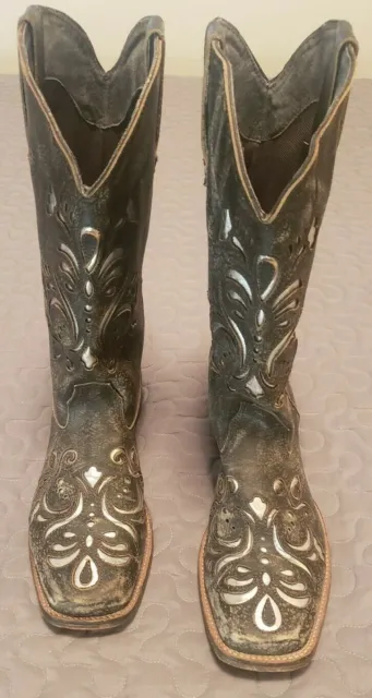 Women's Roper Cowboy Boots Square Toe Rugged Silver Brown Size 10.5