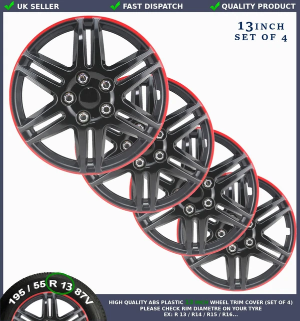 4x 13 INCH WHEEL TRIM HUB CAP COVERS HIGH QUALITY ABS PLASTIC BLACK RED FITS VW1