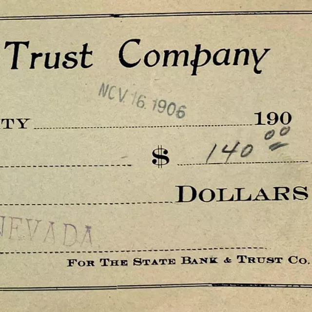 Vintage 1906 State Bank Trust Company Check Reno Nevada