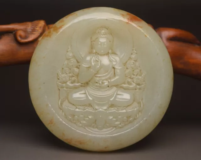 Chinese Natural Hetian Jade Carved Kwan Yin Statue Good Luck Pendant Jewelry Art