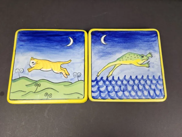 2 Decorative Hand Painted Mexican Tile 6.5” X 6.5” Cat/Frog Moon Night Folk Art