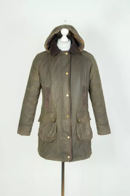 Ladies Barbour Bower Olive Wax Cotton Hooded Jacket Size UK 16 US 12