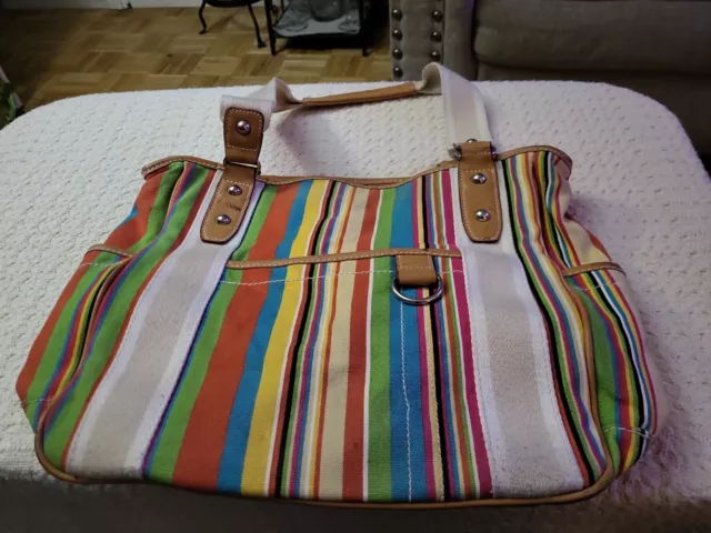 St. Johns Bay Multi Color Striped Cotton & Faux Leather Shoulder Bag