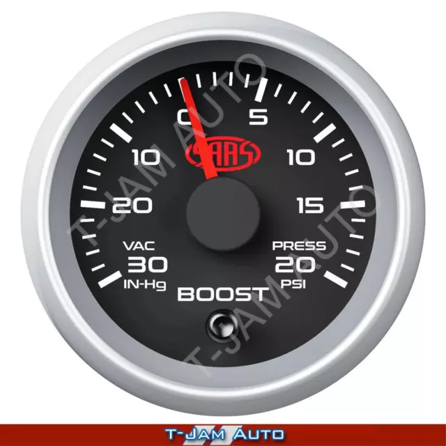 SAAS Boost Gauge 30inHg-20psi Black Face 52mm Muscle Series 2