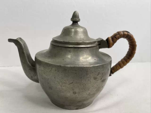 Vintage Early Pewter Heavy Tea Pot Braided Handle ER Mark Top Signed On Bottom