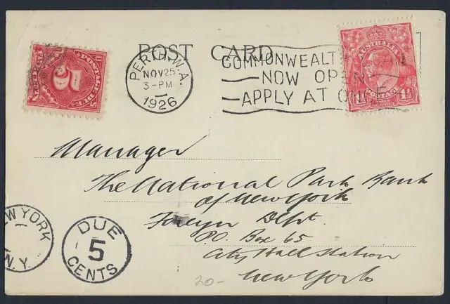 Australie US 1926 Envoi A Cause De Carte Perth To Ny 5 Cents Sur National Bank