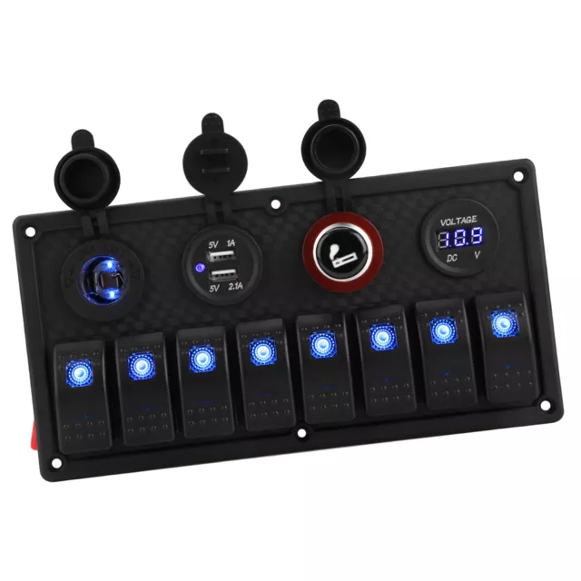 12V 24V 8 Gang Car Boat LED Rocker Switch Control Panel Dual USB Voltmeter