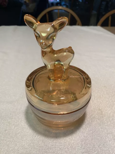 Vintage Jeanette Depression Carnival Glass Marigold Powder Trinket Jar Fawn Deer