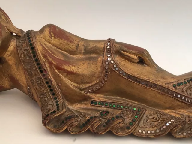 Vintage Burmese Reclining Mandalay Carved Buddha Gilded Wood Jeweled Inlays 3