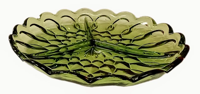 Indiana Avocado Green Glass Serving Dish 3 Way Divided Plate Scalloped Edge