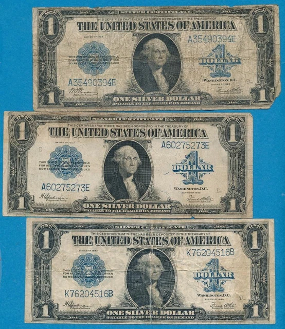 3- $1.00  1923 Silver Certificate  Blue Seals  Imperfect  Lot