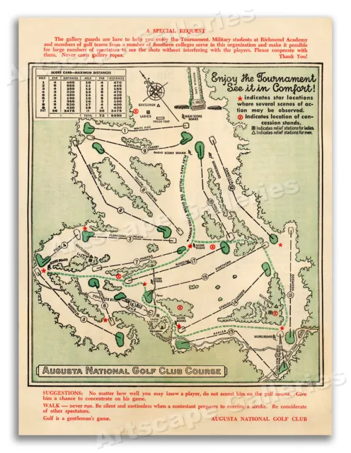 1954 Augusta National Masters Golf Tournament Course Map Art Print  - 18x24