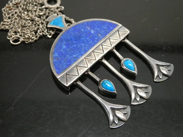 Art Nouveau Lapis Lazuli & Turquoise Gemstone 825 European Pendant Necklace