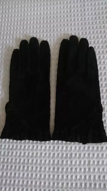 Vintage Lined Stylish Black Suede Womens Gloves Narrow Frill Trim Size S/M