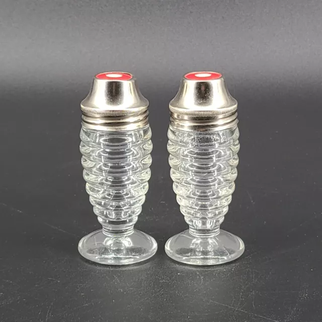 Vintage Hazel Atlas Clear Glass Ribbed Beehive Salt Pepper Shakers