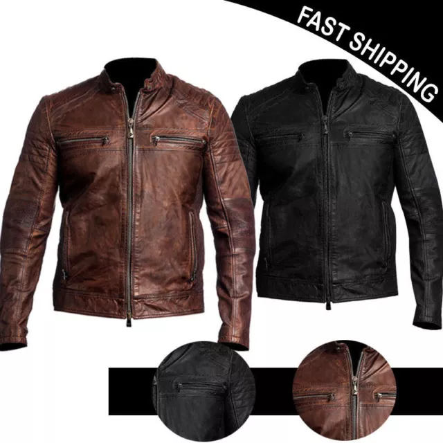 Veste en cuir véritable homme vintage motard moto en détresse café coureur