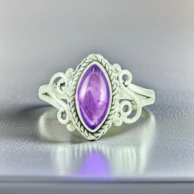 Handcrafted 925 Sterling Silver Marquise Ring with Amethyst Gemstone Jewelry