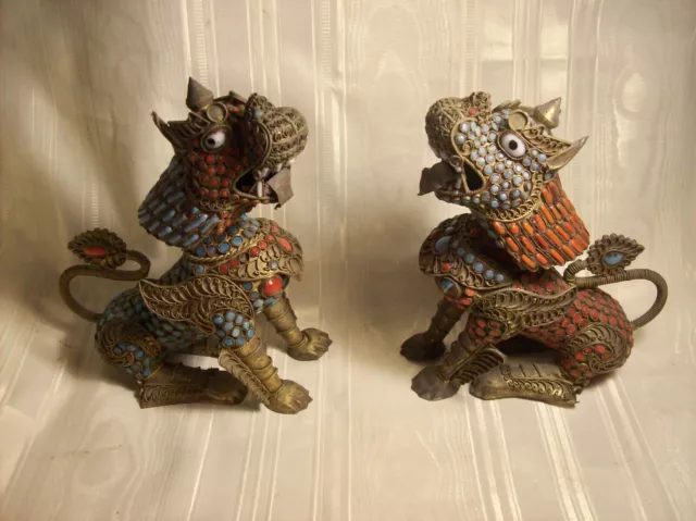 Pair Of Ornate Nepalese / Tibetan Hand Made Brass Inlaid Stones Temple Foo Dogs