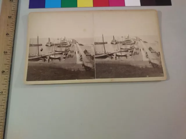 Block Island Rhode Island H.Q. Morton Steam Sail Boat Dock Stereoview Photo