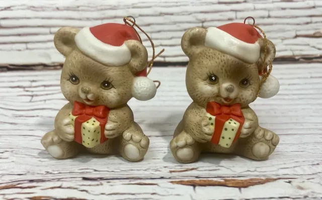 Vintage RUSS Ceramic Santa Teddy Bear Ornaments  Made In Sri Lanka