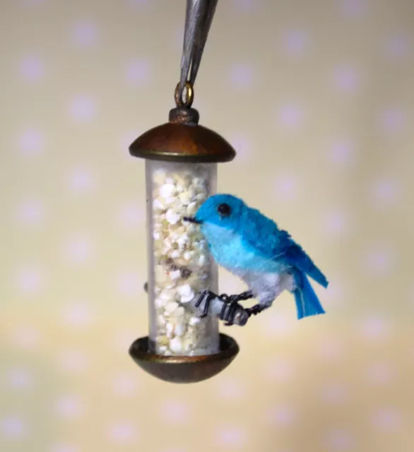 Original OOAK Mini Dollhouse Hanging Bird Feeder with tiny Bluebird  N Woolmer