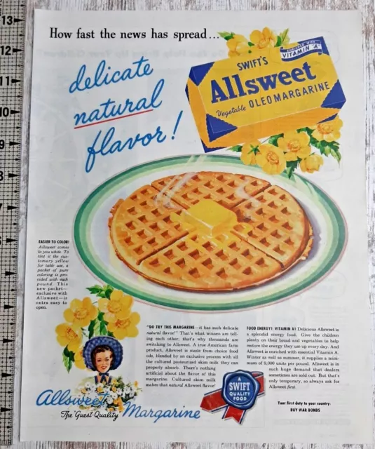 1945 Swift's Allsweet Vintage Print Ad Margarine Oleo Waffles Woman Blue Bonnet