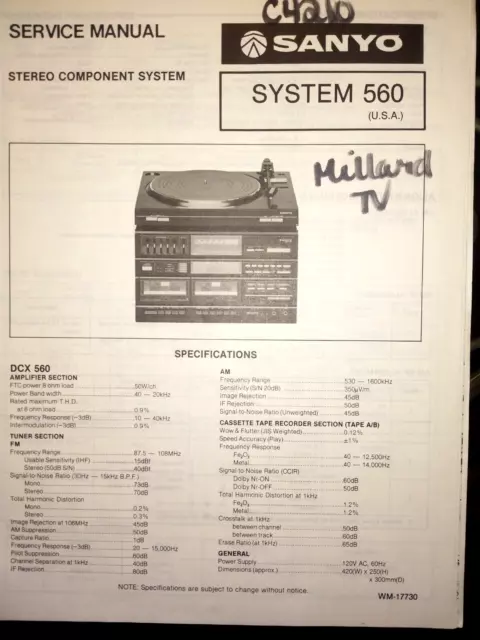 Sanyo System 560 Stereo Component System Original Service Manual