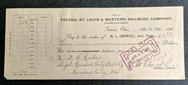 1903 The Toledo, St Louis & Western Railroad Co. Check ~ Train ~ Toledo Ohio
