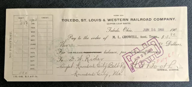 1903 The Toledo, St Louis & Western Railroad Co. Check ~ Train ~ Toledo Ohio