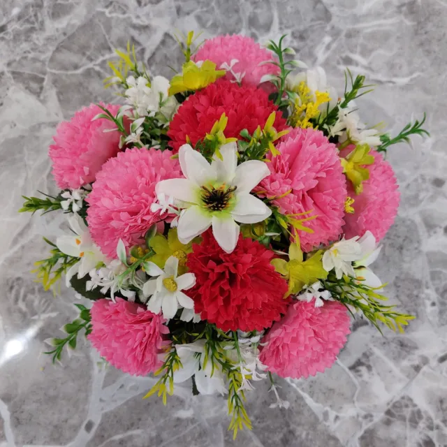 Pink Carnations & White Dahlia | Artificial Flower Pot | Grave/Memorial/Crem