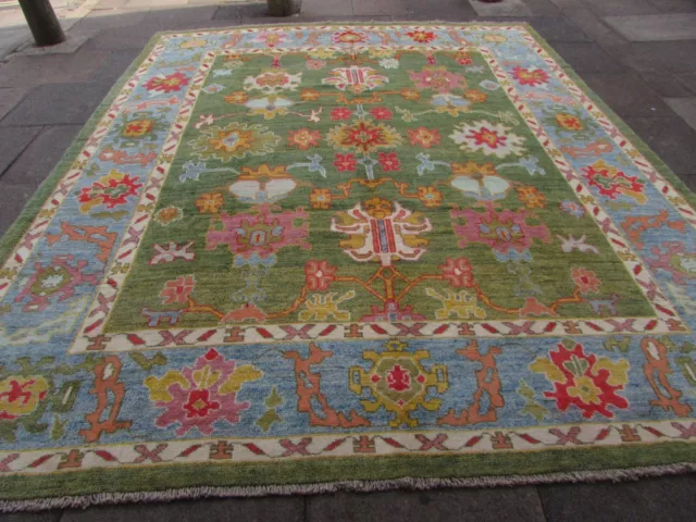 Vintage Traditional Hand Made Turkish Oushak Oriental Wool Green Carpet 360x300