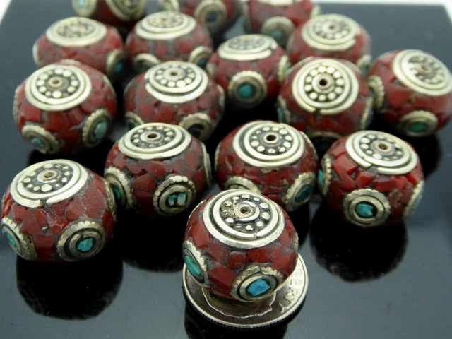 Vintage Nepalese Natural Inlaid Coral Turquoise Rondelle Pendant Focal Bead 1 Pc