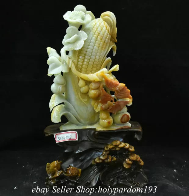 16" Chinese Natural Xiu Jade Carved Fengshui Maize Corn Flower Bat Statue