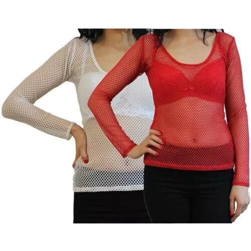 New Ladies Fishnet Mesh See Through Scoop Neck Long Sleeve T-Shirt Tee Tops 8-14