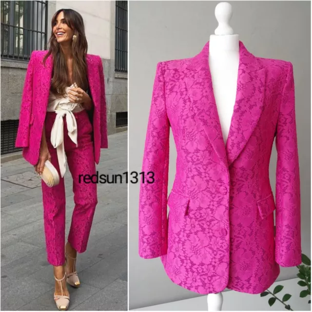 Zara Fuchsia Lace Fitted Blazer Jacket Size M