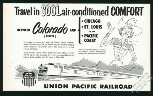 1953 Union Pacific Railroad cowgirl art train through Colorado vintage print ad