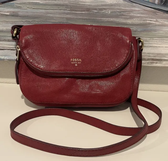 Fossil Preston Flap Crossbody Maroon Red Leather Purse