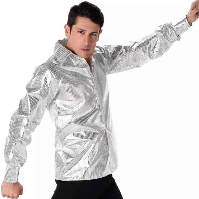 Mens Silver Sequin Disco Shirt 1970s Disco Groovy Adult Fancy Dress Outfit