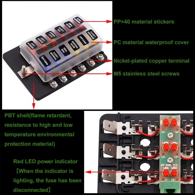 NEW 12-Way Blade Fuse Box Block Holder LED Indicator Car Auto Marine Waterproof