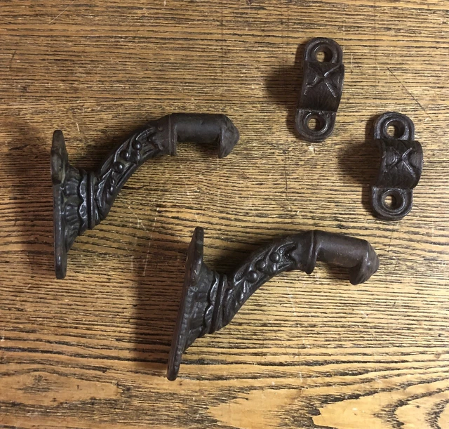 Pair Antique Ornate Victorian Cast Iron Stair Rail Brackets, c1885
