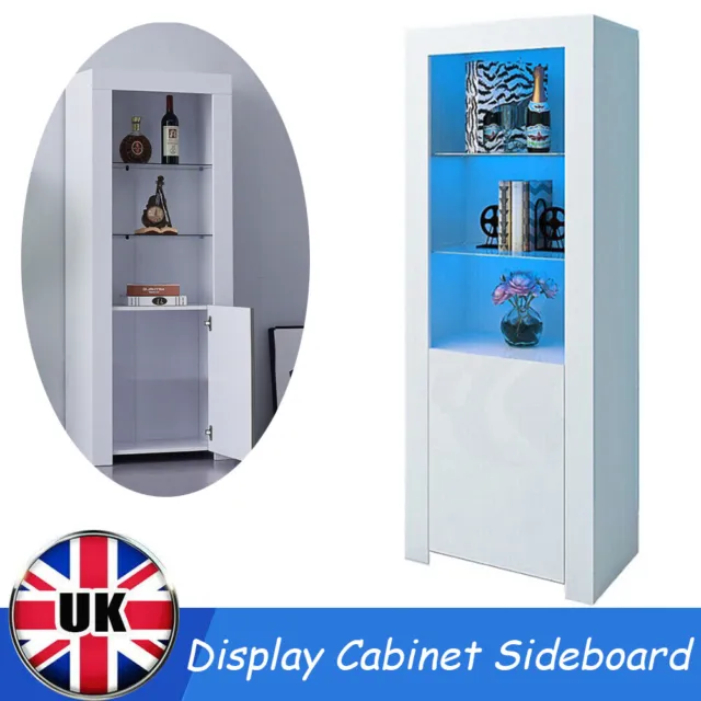 Tall Display Cabinet Sideboard Cupboard Unit High Gloss Doors with LED Lights